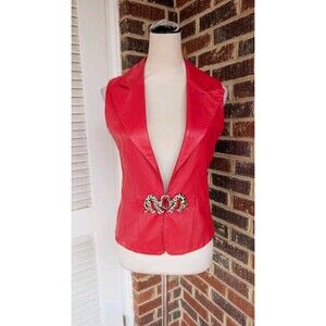 Lisa International Red Leather Vest w/ Silver Leopard Clasp-Small